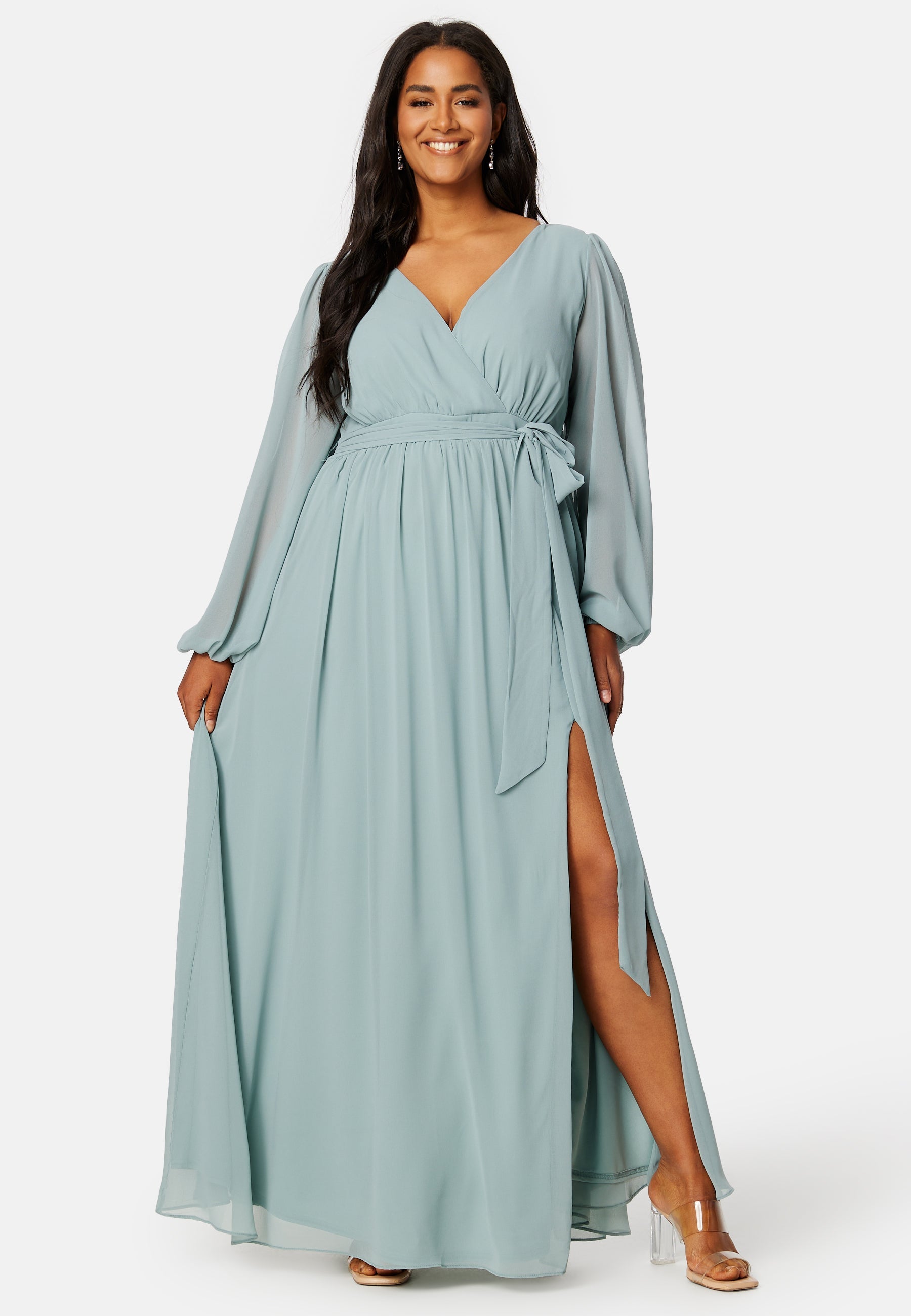 Goddiva Curve Long Sleeve Chiffon Maxi Curve Dress