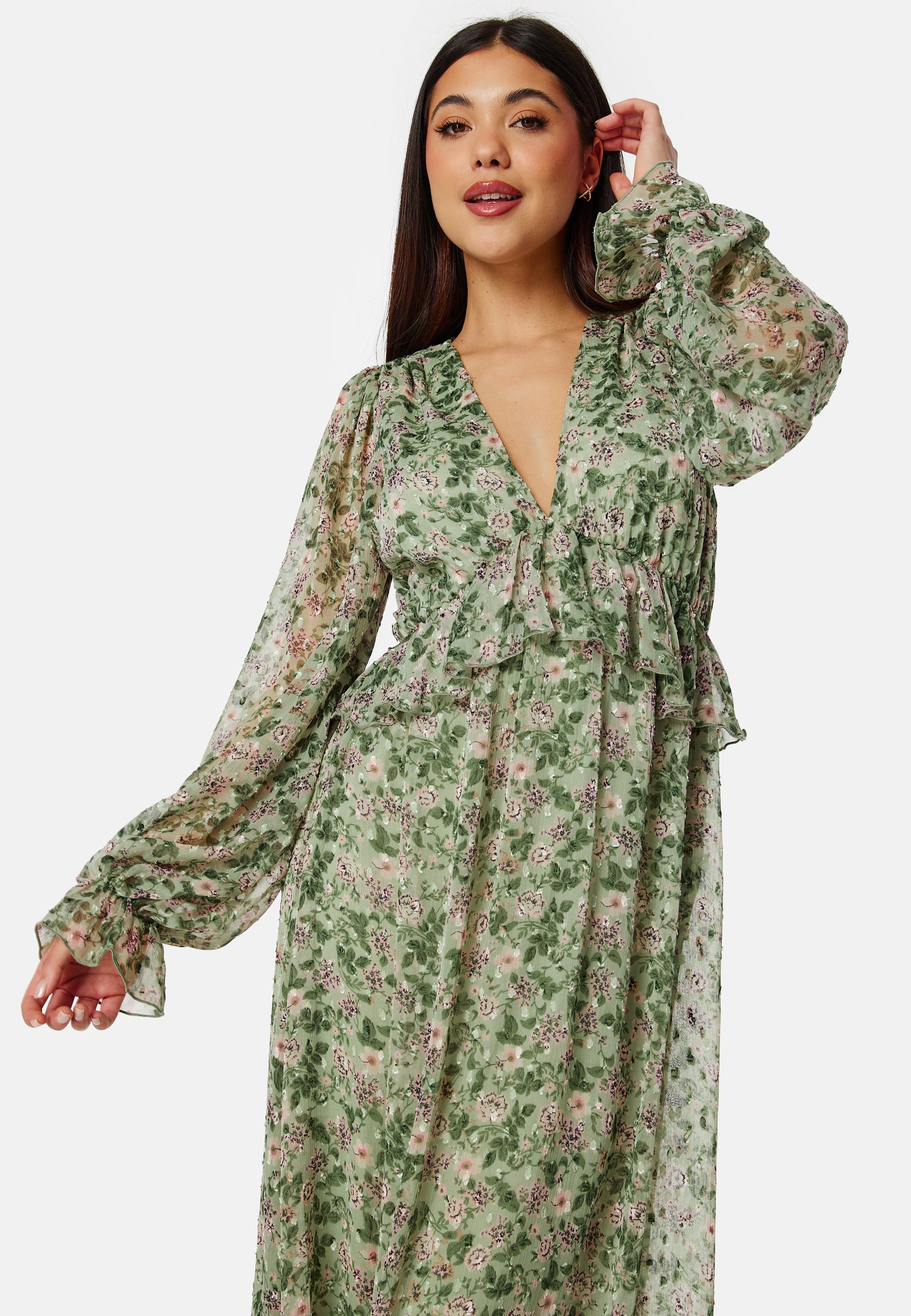 Bubbleroom Occasion Frill L/S Chiffon Midi Dress