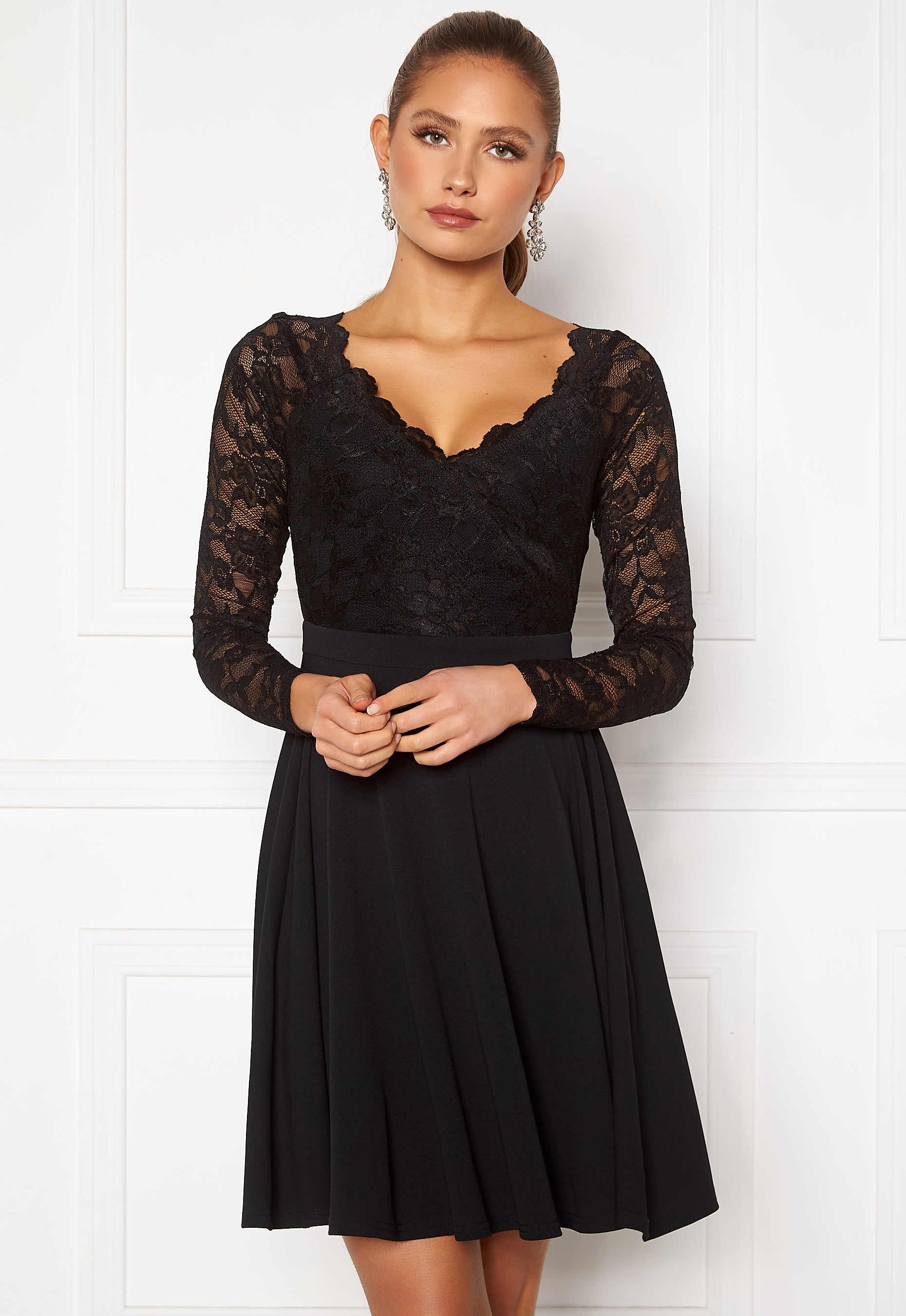 Goddiva Long Sleeve Lace Skater Dress