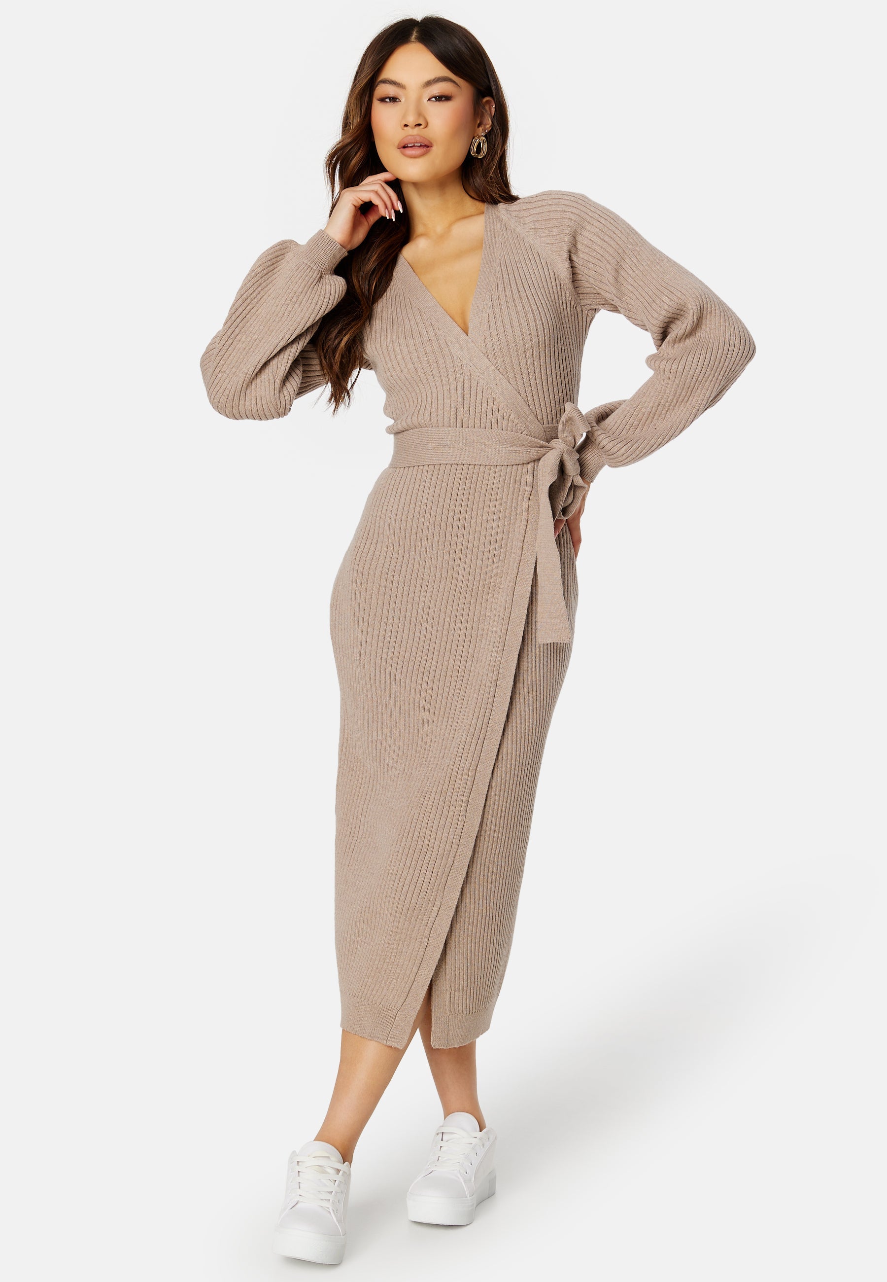 BUBBLEROOM Wrap Rib Knitted Midi Dress