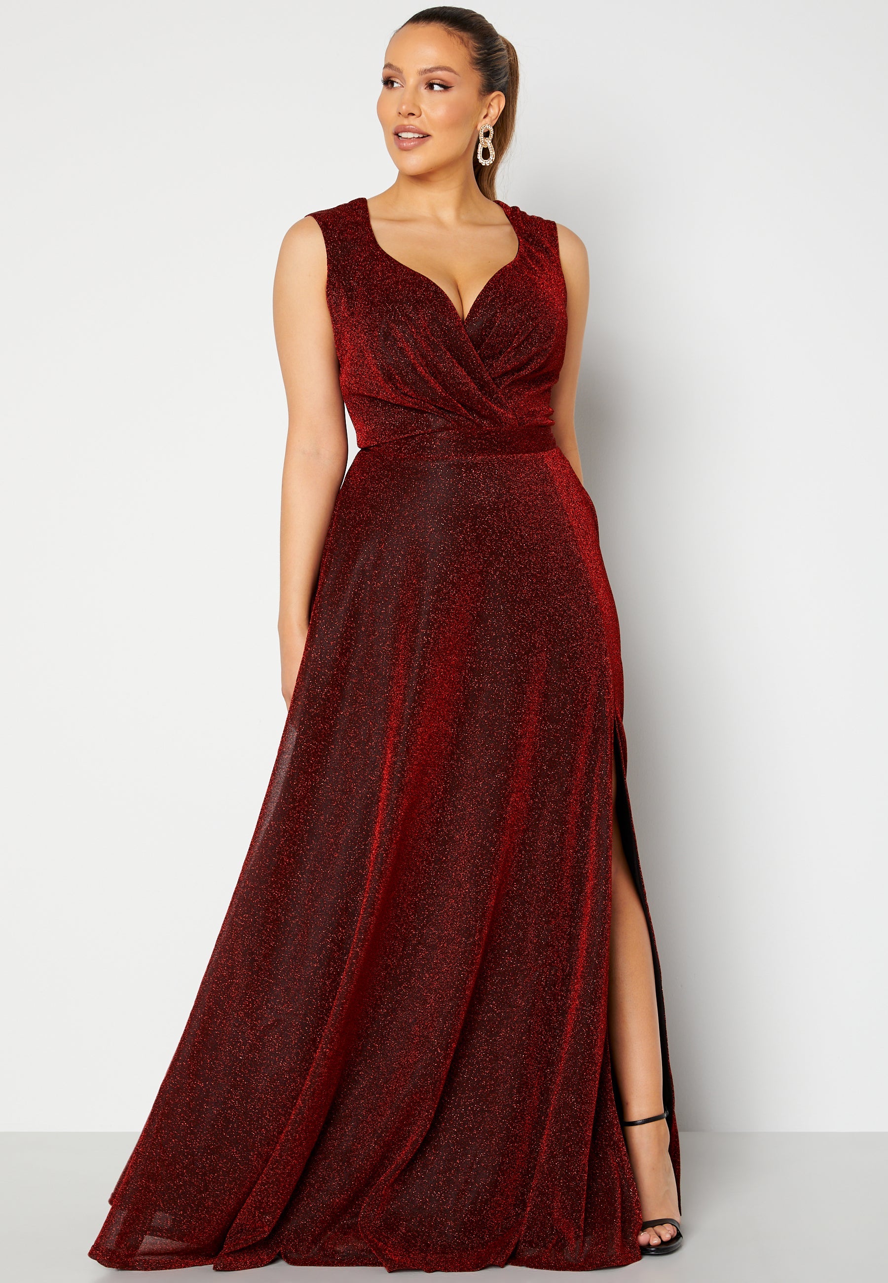 Goddiva Curve Glitter Wrap Front Maxi Curve Dress With Split