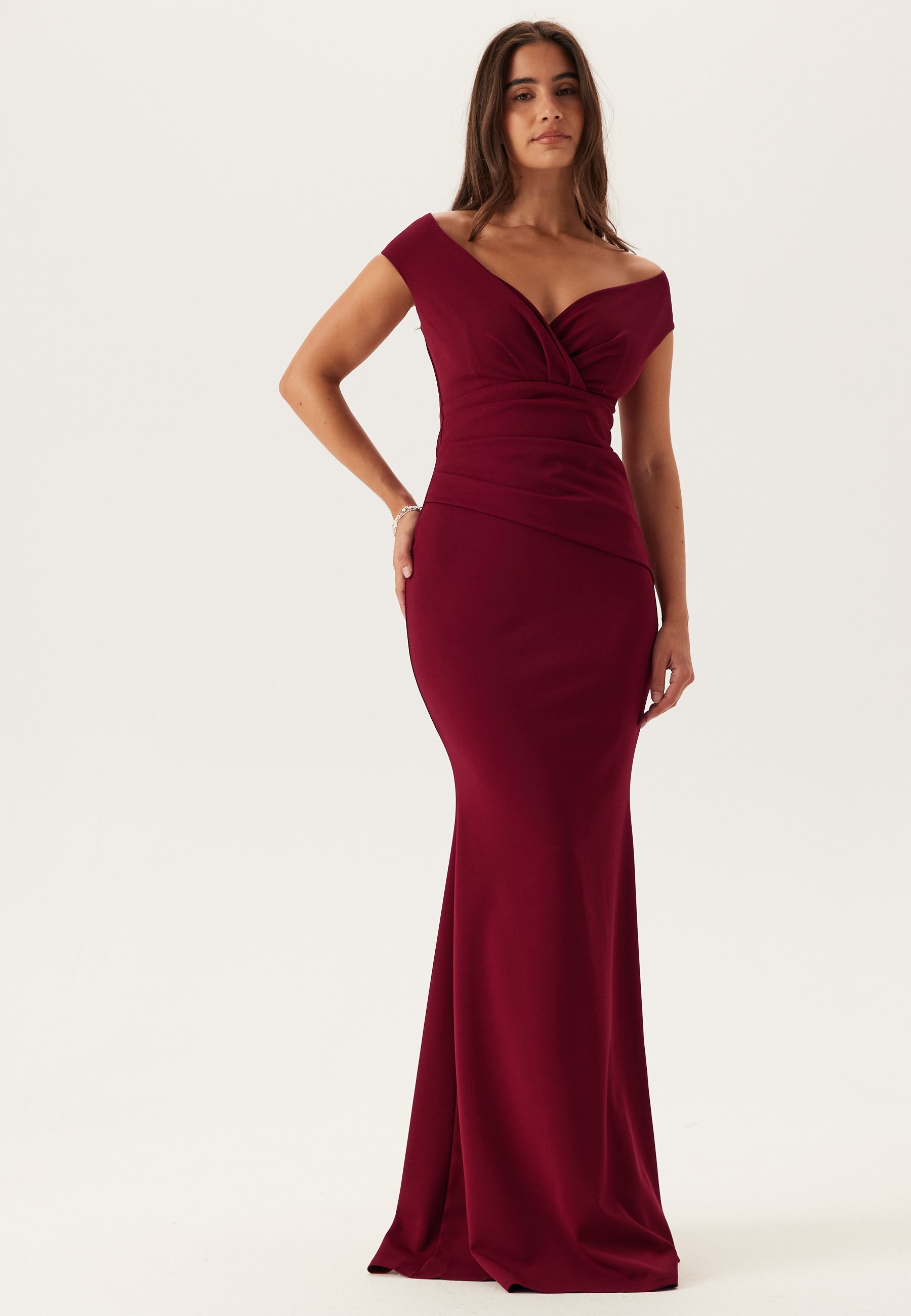 Goddiva Bardot Pleat Maxi Dress