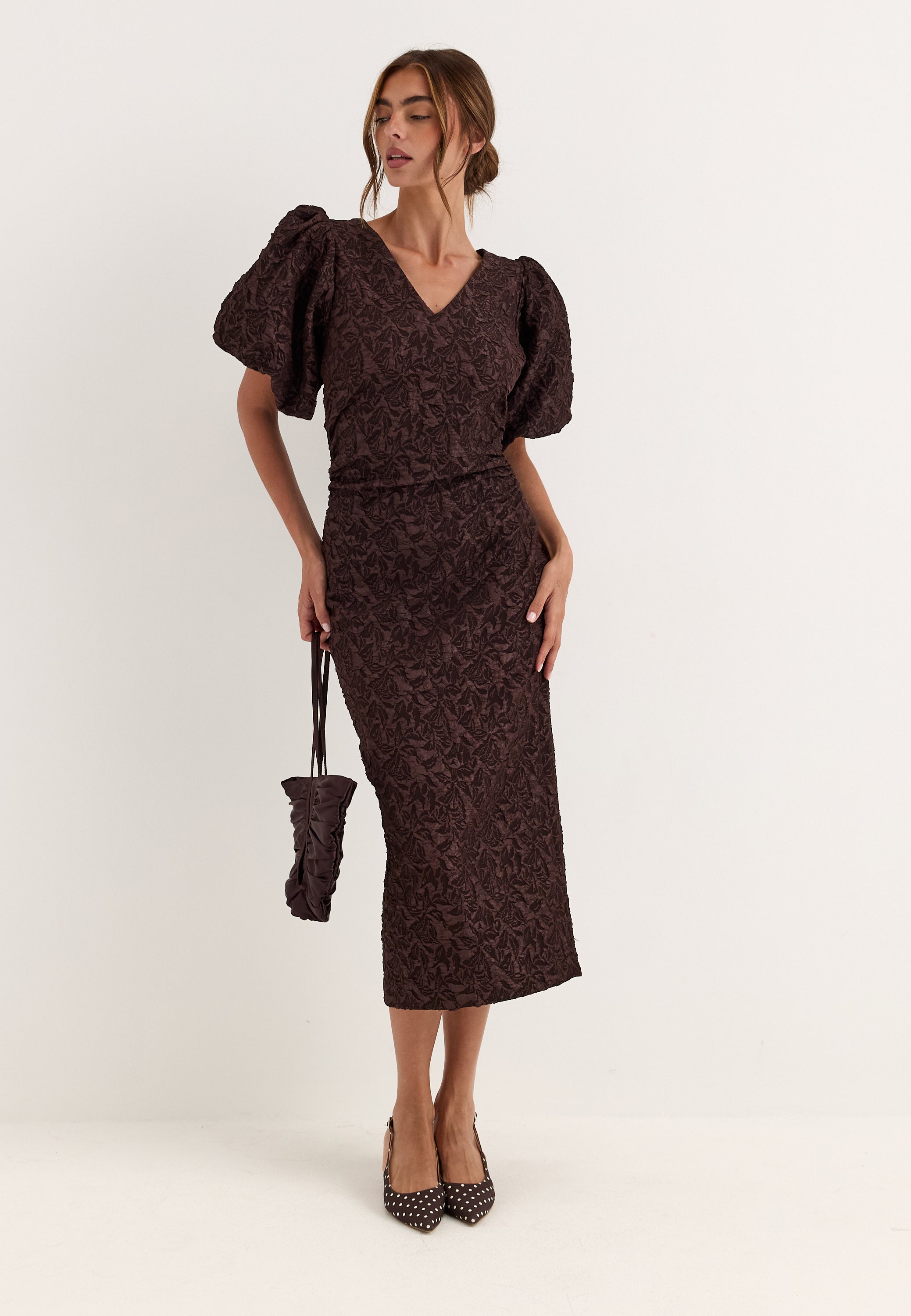 BUBBLEROOM OCCASION Puff Sleeve Jacquard Midi Dress