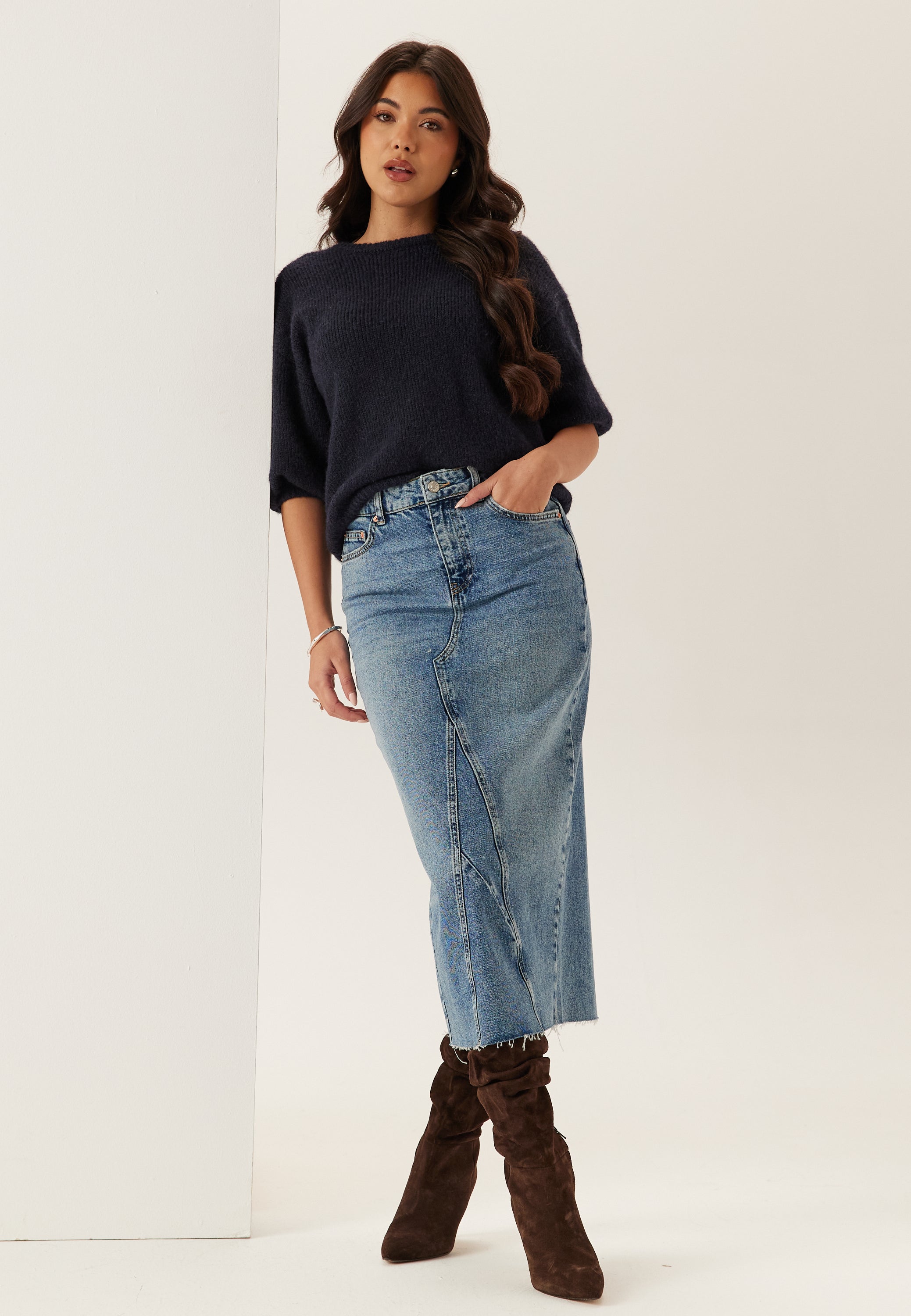 BUBBLEROOM Denim Midi Skirt