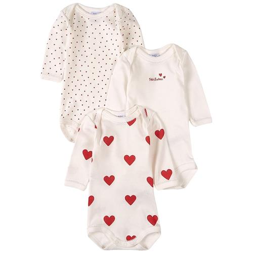 Petit Bateau 3-pak Heart Print Babybodyer Hvide 12 months  Hvid  12 måneder  Piger
