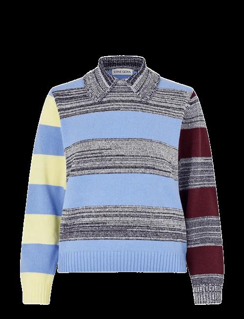 STINE GOYA | Cotton Mix / Crochet Cotton, Mix Stripe Polo Collar Sweater | M