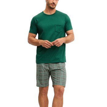 Calida Relax Imprint O Neck Short Pyjama Grøn/Rudet bomuld Large Herre