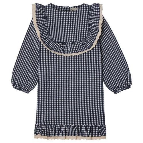 Buddy & Hope Alice LS Flounce Seersucker Kjole Navy Check 110/116 cm  Marineblå Tern 110/116 cm  Piger