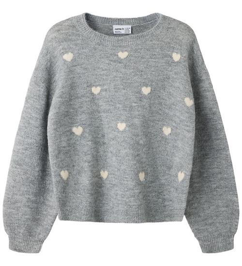 Name it Bluse - Strik - NKFOGUSSE - Grey Melange/Hearts in birch
