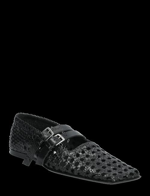 MIISTA | Kiran Black Woven Leather Strappy Ballerinas | 36