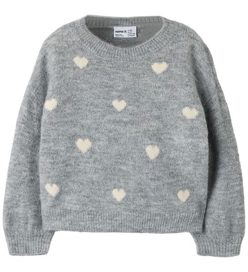 Name it Bluse - Strik - NmfOguesse - Grey Melange/Birch Hearts