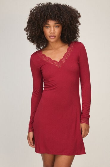 Hunkemöller Natkjole med lange ærmer Jersey Lace Nana Rød