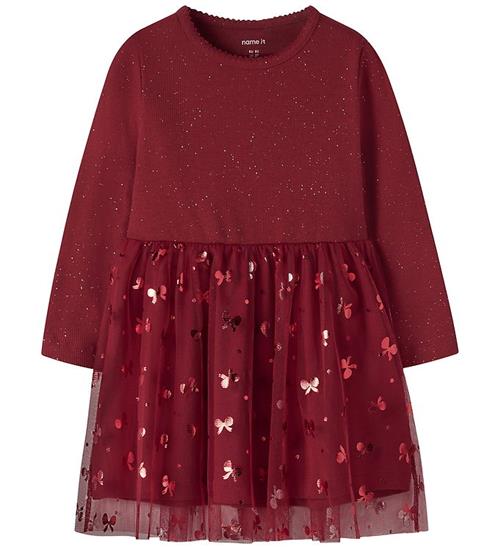 Name It Kjole - Rib - Tyl - NmfRosally - Red Dahlia